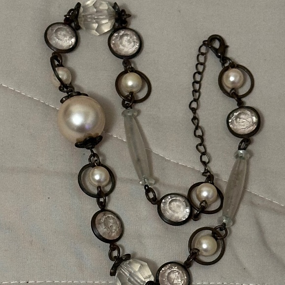 Faux Pearl & Clear Bead Several Sizes Necklace w/Dark Brown Chain Vintage - Picture 9 of 9